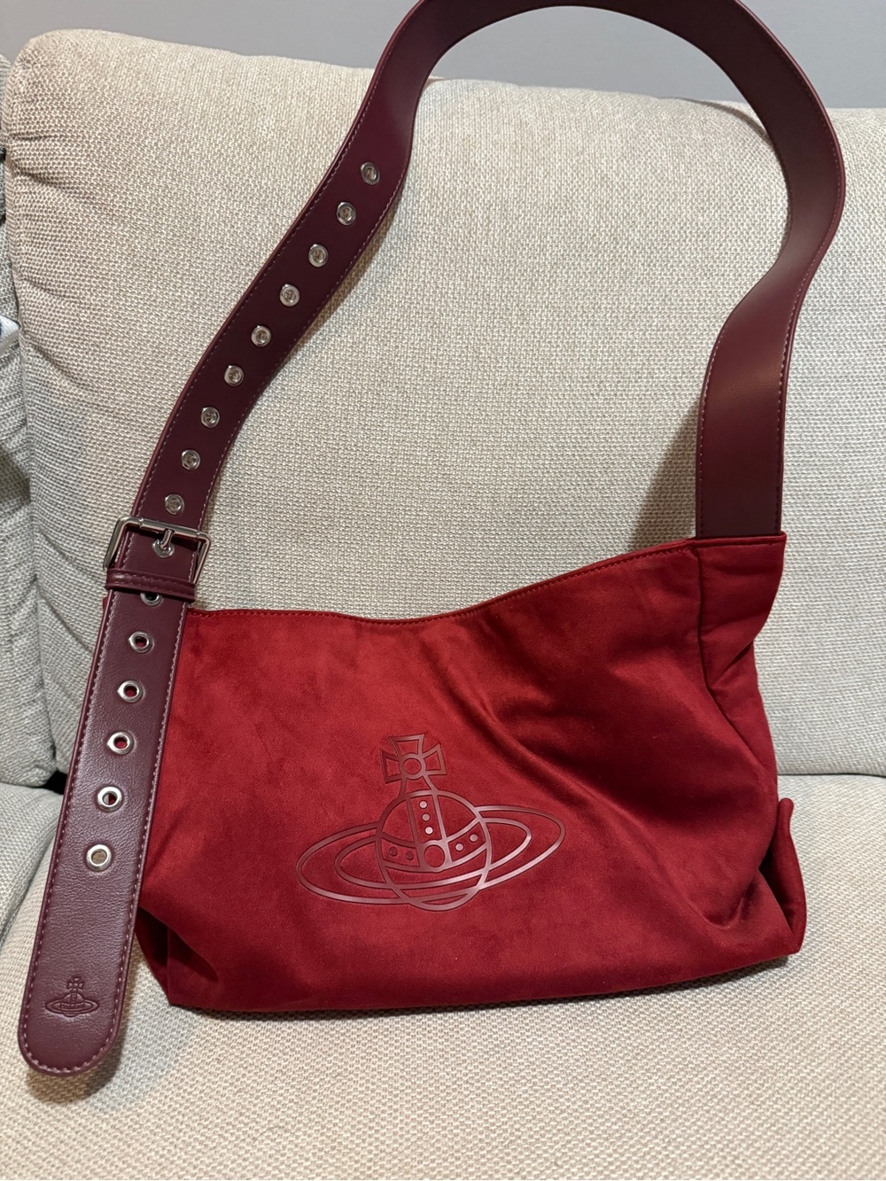 Vivienne Westwood Burgundy Suede Shoulder Bag with Embossed Orb